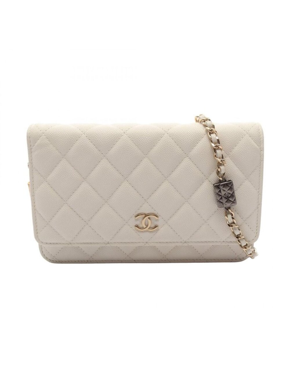 Chanel Shoulder Bag Quilted White Caviar Leather Chain Wallet